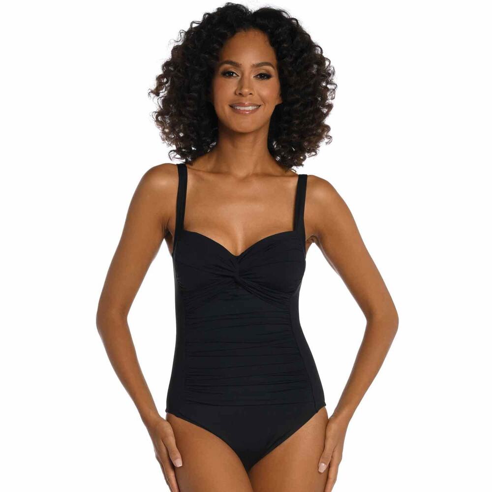 La Blanca Island Goddess Twist Shirred One Piece in Black